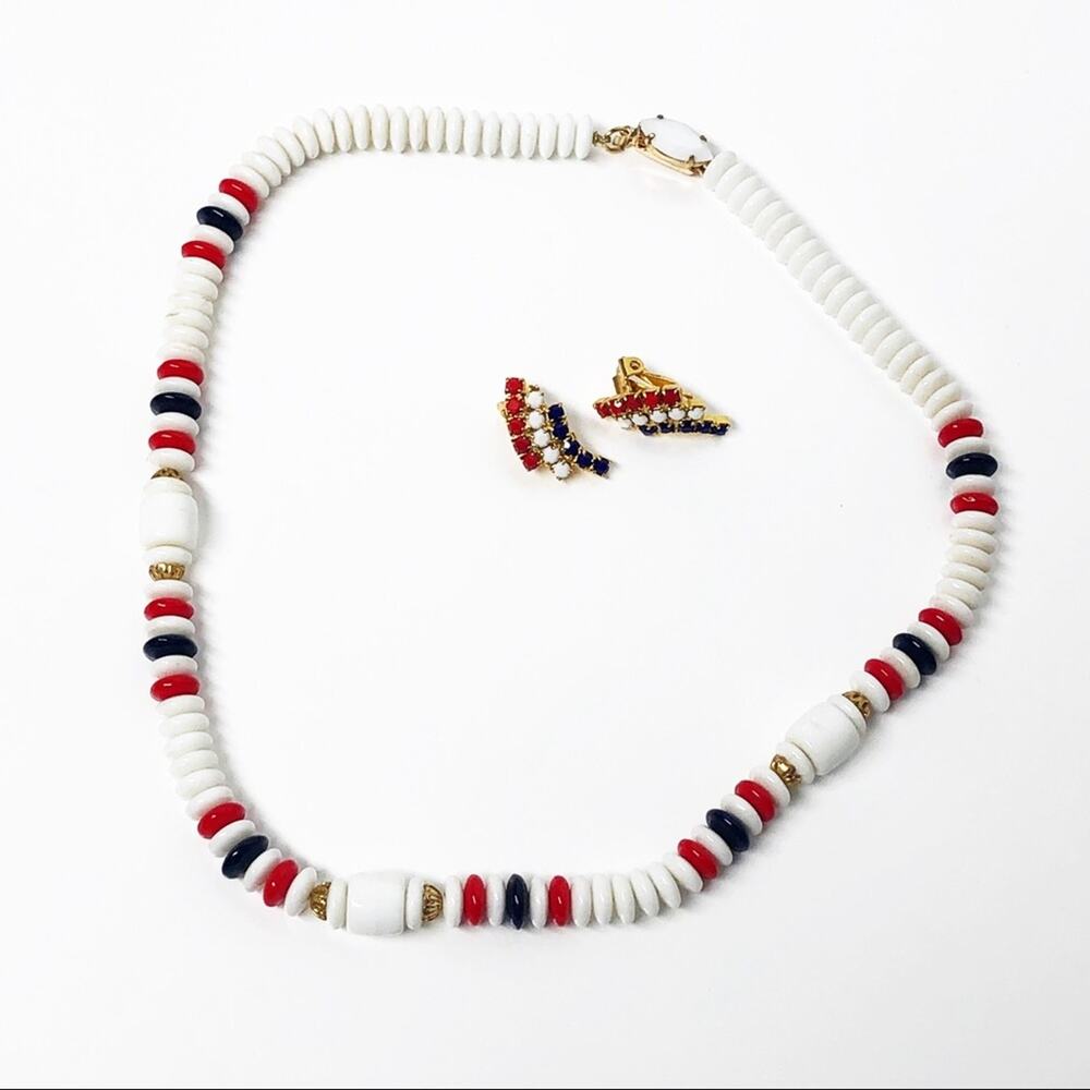 Vintage Red, White & Blue Beaded Necklace & Earrings Set